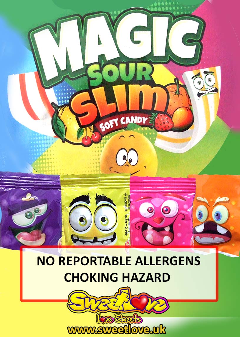 Vending label for Magic Sour Slims Chew Bars.